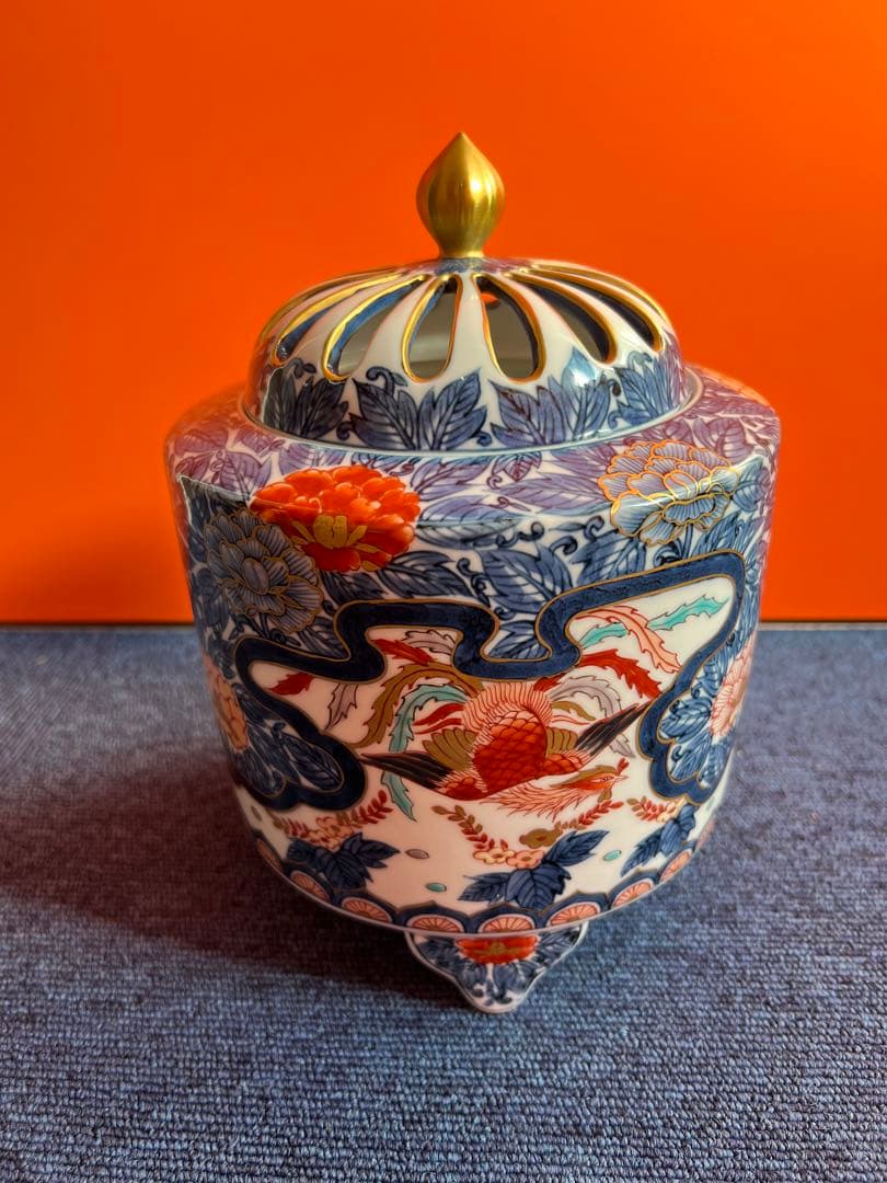 1032 藤井朱明作　染付鳳凰紋　香炉　金彩　未使用