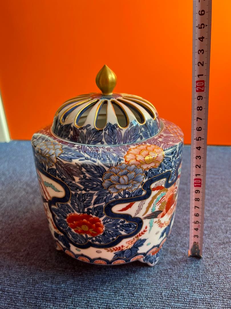 1032 藤井朱明作　染付鳳凰紋　香炉　金彩　未使用