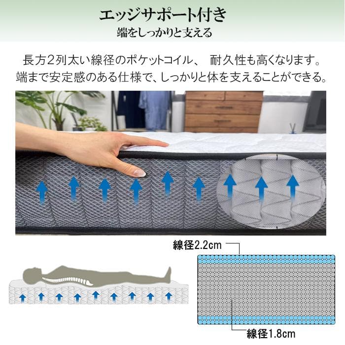 マットレス シングル ポケットコイル 厚み21cm 腰痛対策 抗菌生地 竹炭