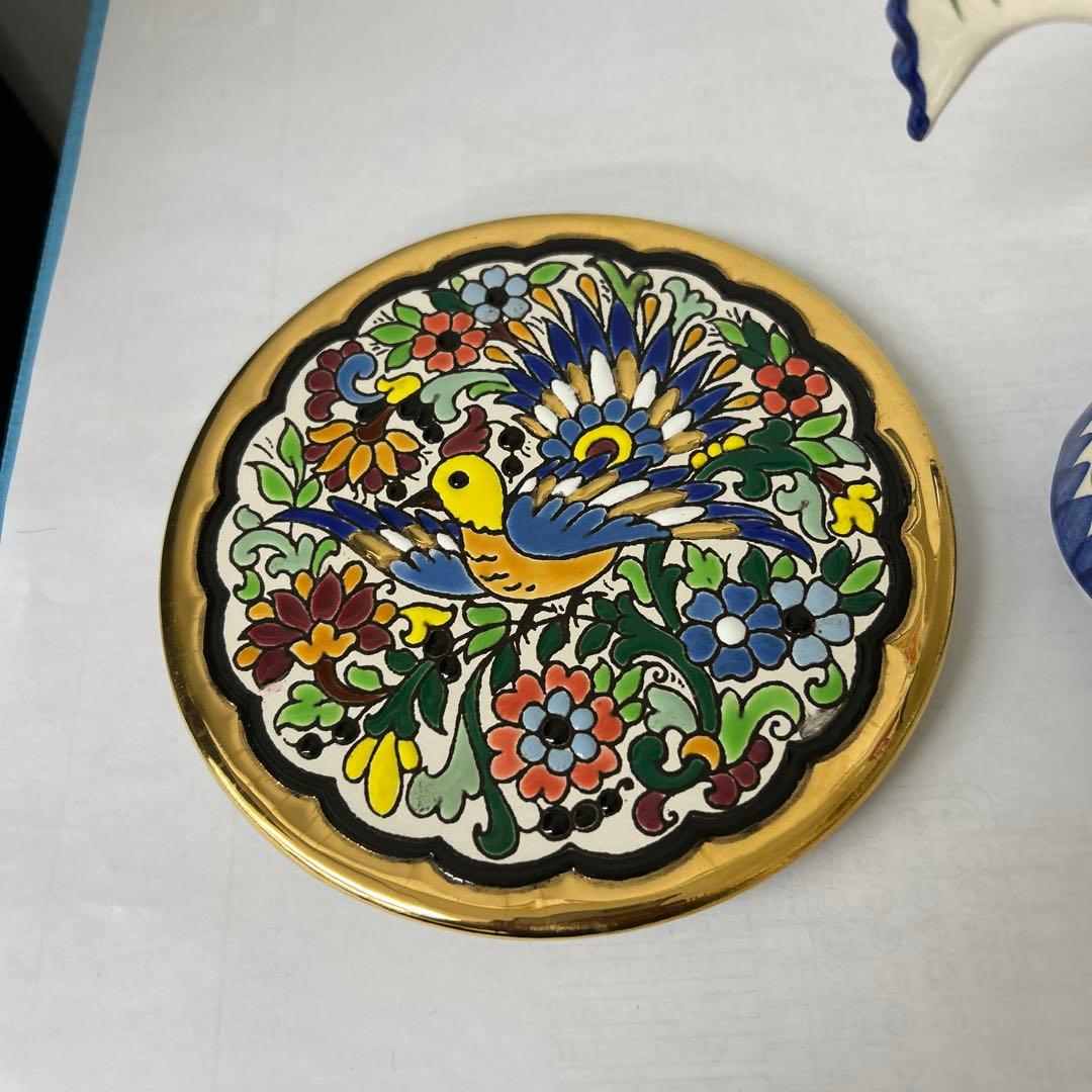 陶器 鶏の置物と皿セット