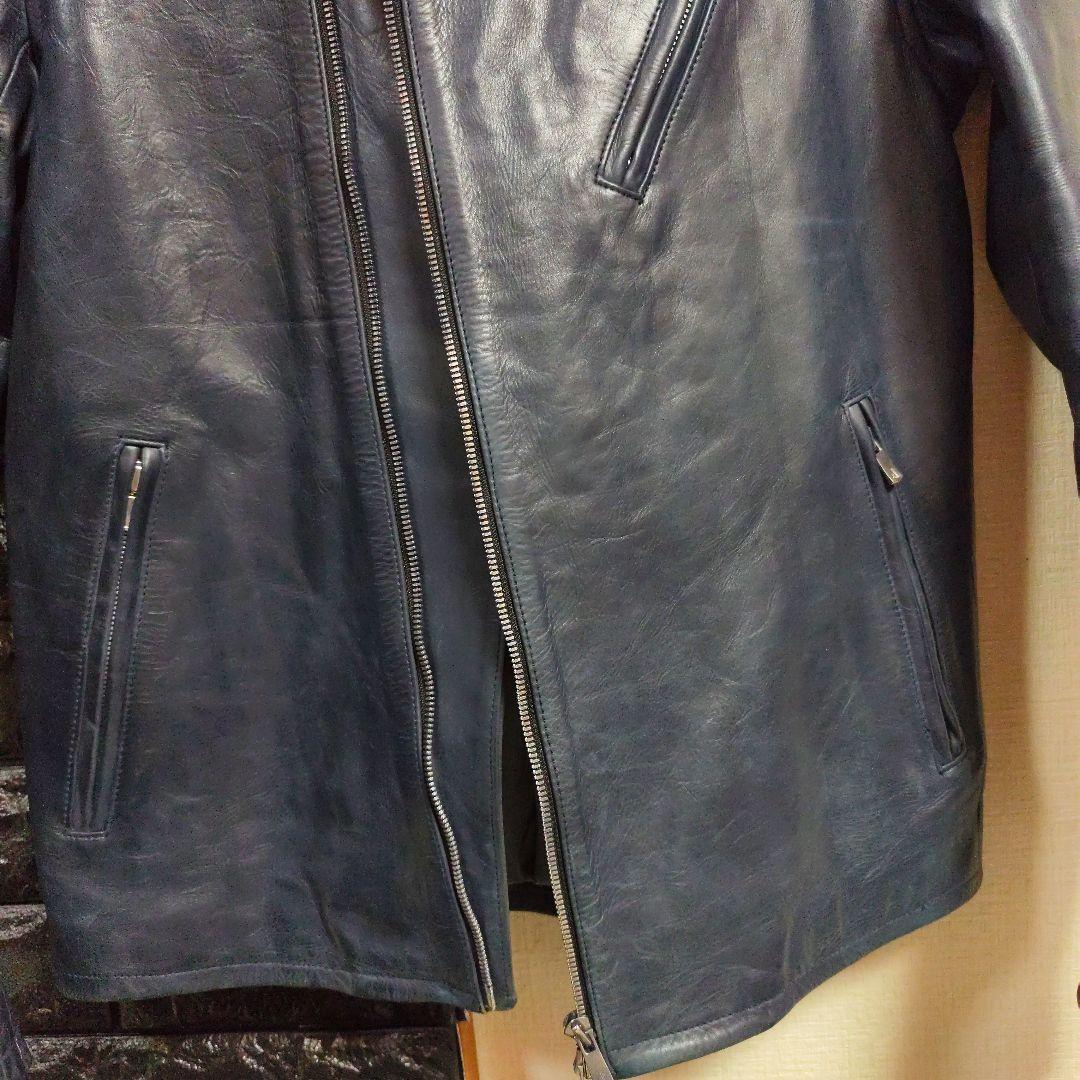 ノーアイディー　希少色ダークブルー本革（牛革）ダブルブレストライダースジャケット