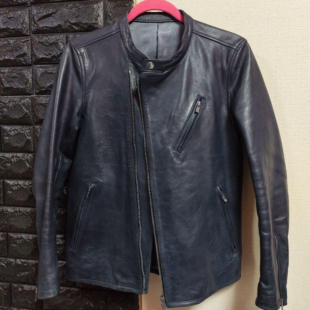 ノーアイディー　希少色ダークブルー本革（牛革）ダブルブレストライダースジャケット