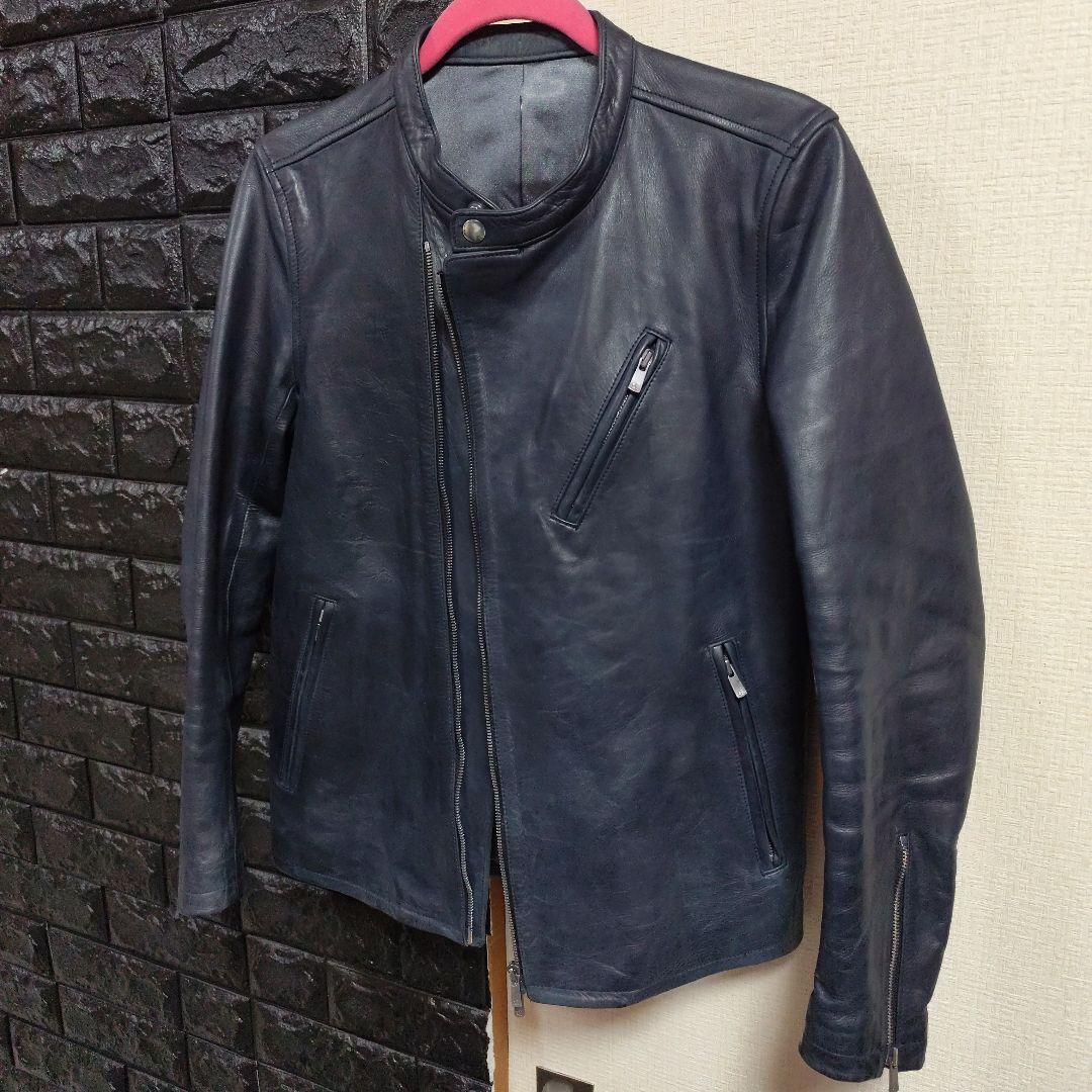 ノーアイディー　希少色ダークブルー本革（牛革）ダブルブレストライダースジャケット