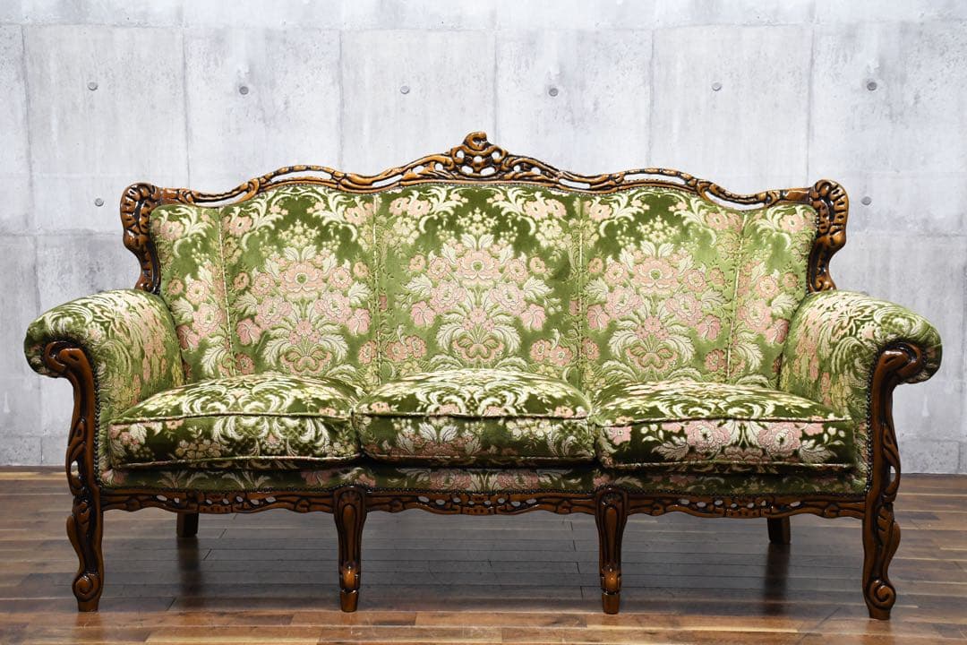 FAC5 イタリア製 ロココ様式 猫脚 レリーフ 3人掛けソファ トリプルソファ