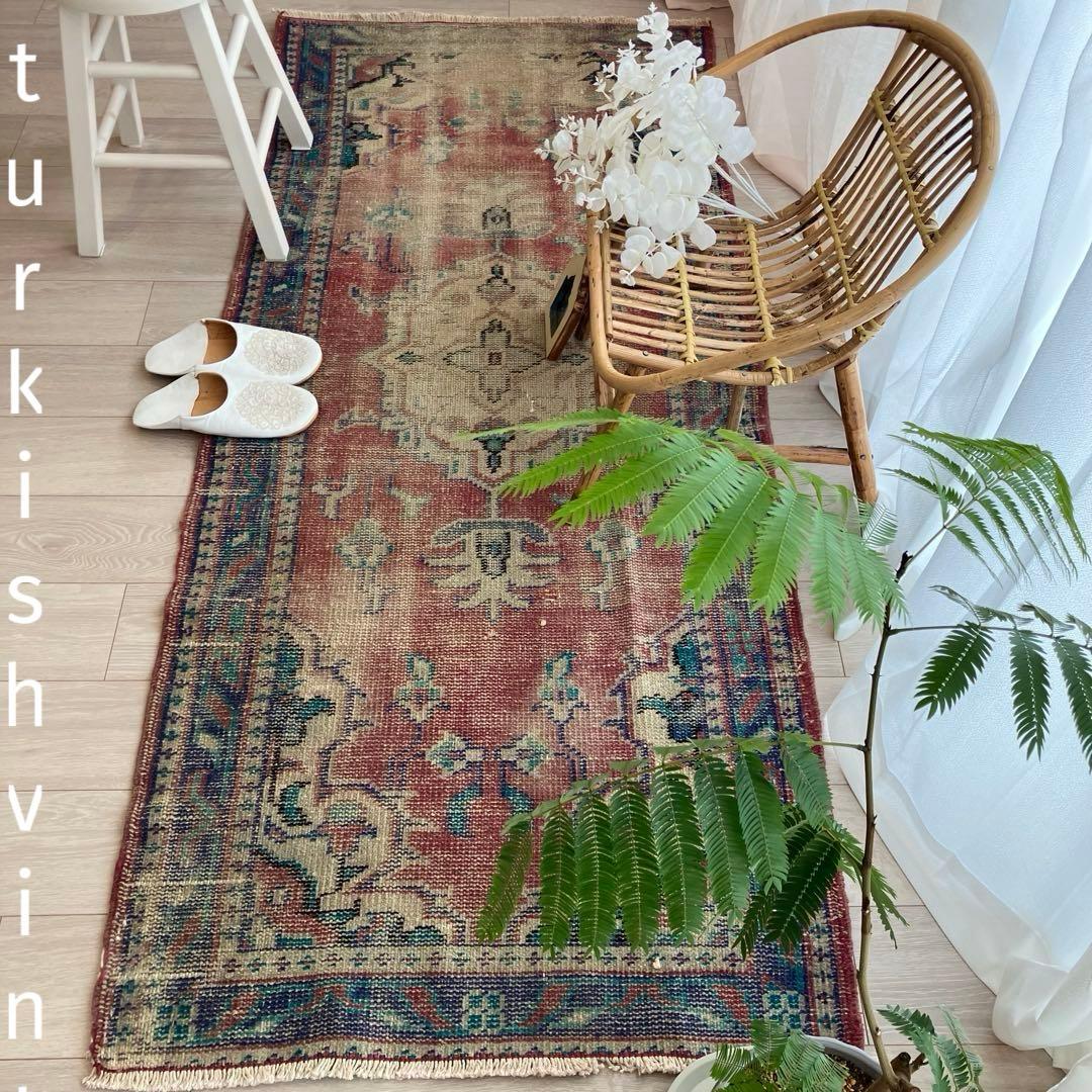 メダリオン✳︎ブルー85〜78×196✳︎レッドパープル　トルコヴィンテージラグ