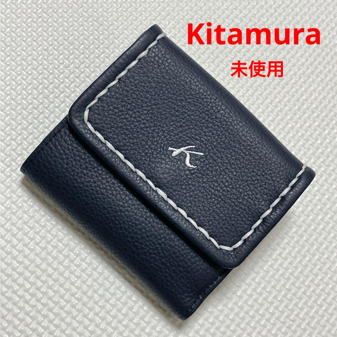 未使用Kitamura キタムラ　レザー二つ折り財布　ネイビー　紺　「K」ロゴ