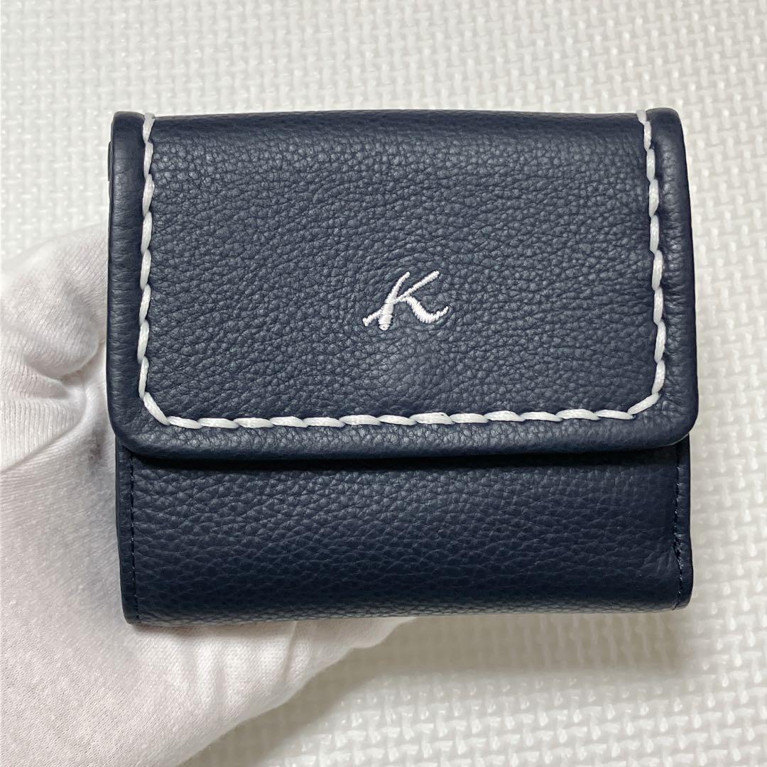 未使用Kitamura キタムラ　レザー二つ折り財布　ネイビー　紺　「K」ロゴ