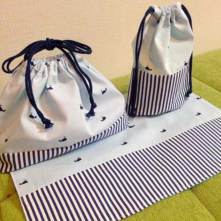 クジラ柄♡ストライプ3点セット ランチョンマット 給食袋 コップ袋 ハンドメイド