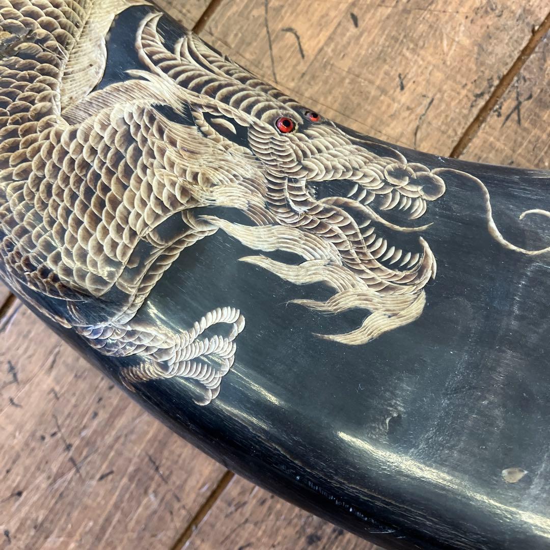 昭和レトロ アンティーク 水牛の角 彫刻 龍 双龍 天然 縁起物 置物 オブジェ