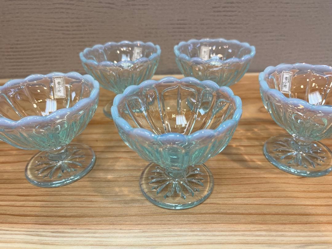 カメイガラス　大正浪漫　雪小町　足付きグラス　デザートカップ　高台　5点