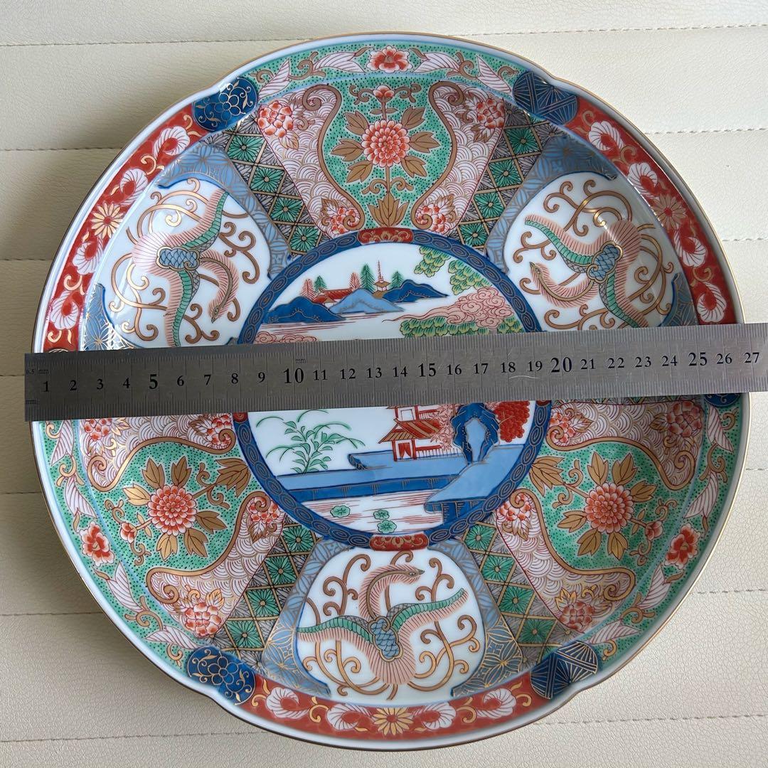 有田焼　賞美堂　弥左衛門窯　染錦色絵山水　大皿　金彩古伊万里　金襴手　盛皿輪花皿