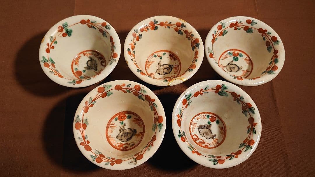 李朝　古玩　赤絵　古九谷　龍　うさぎの図　蔵出し 金継ぎ　５客