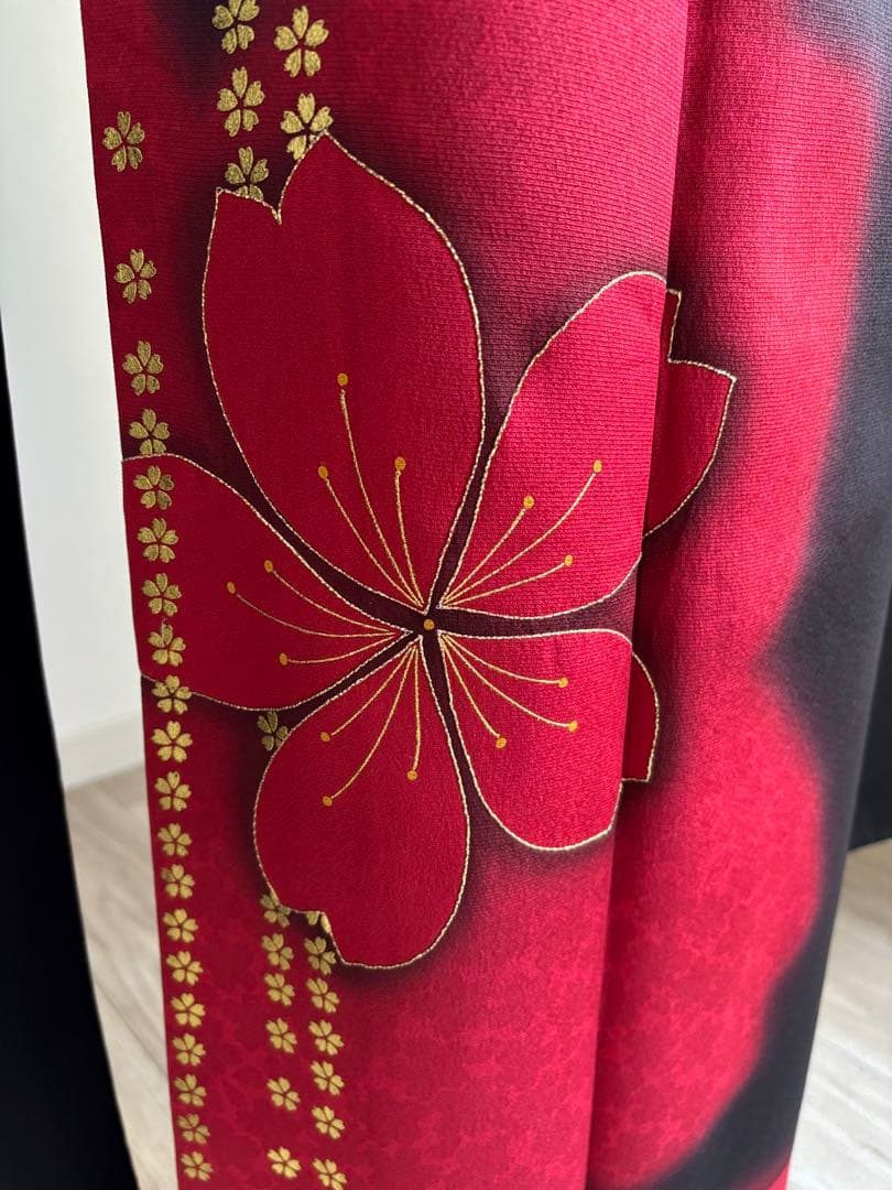 あああ 振袖フルセット　成人式　正絹振袖　袋帯　黒赤系　クリーニング済み