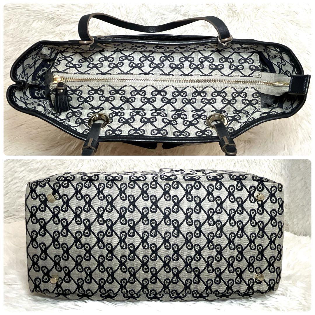 美品 アニヤハインドマーチ リボン 総柄 トートバッグ グレー ロゴ レザー