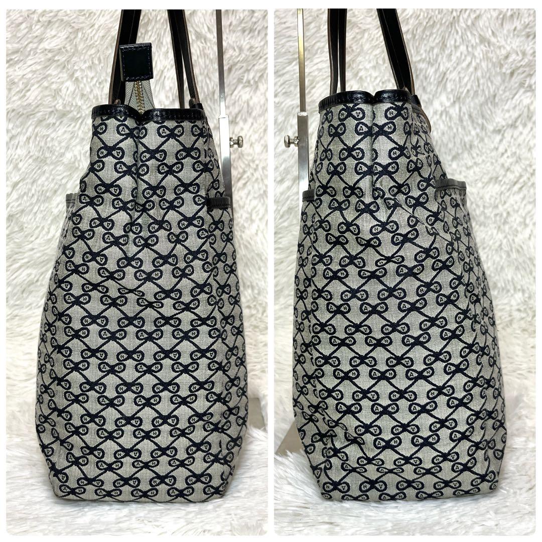 美品 アニヤハインドマーチ リボン 総柄 トートバッグ グレー ロゴ レザー