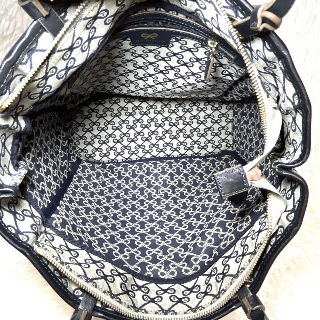 美品 アニヤハインドマーチ リボン 総柄 トートバッグ グレー ロゴ レザー