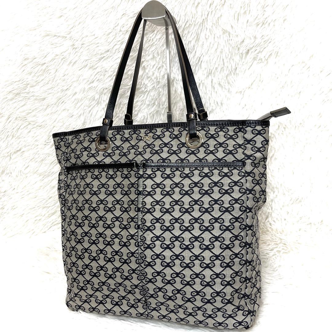 美品 アニヤハインドマーチ リボン 総柄 トートバッグ グレー ロゴ レザー