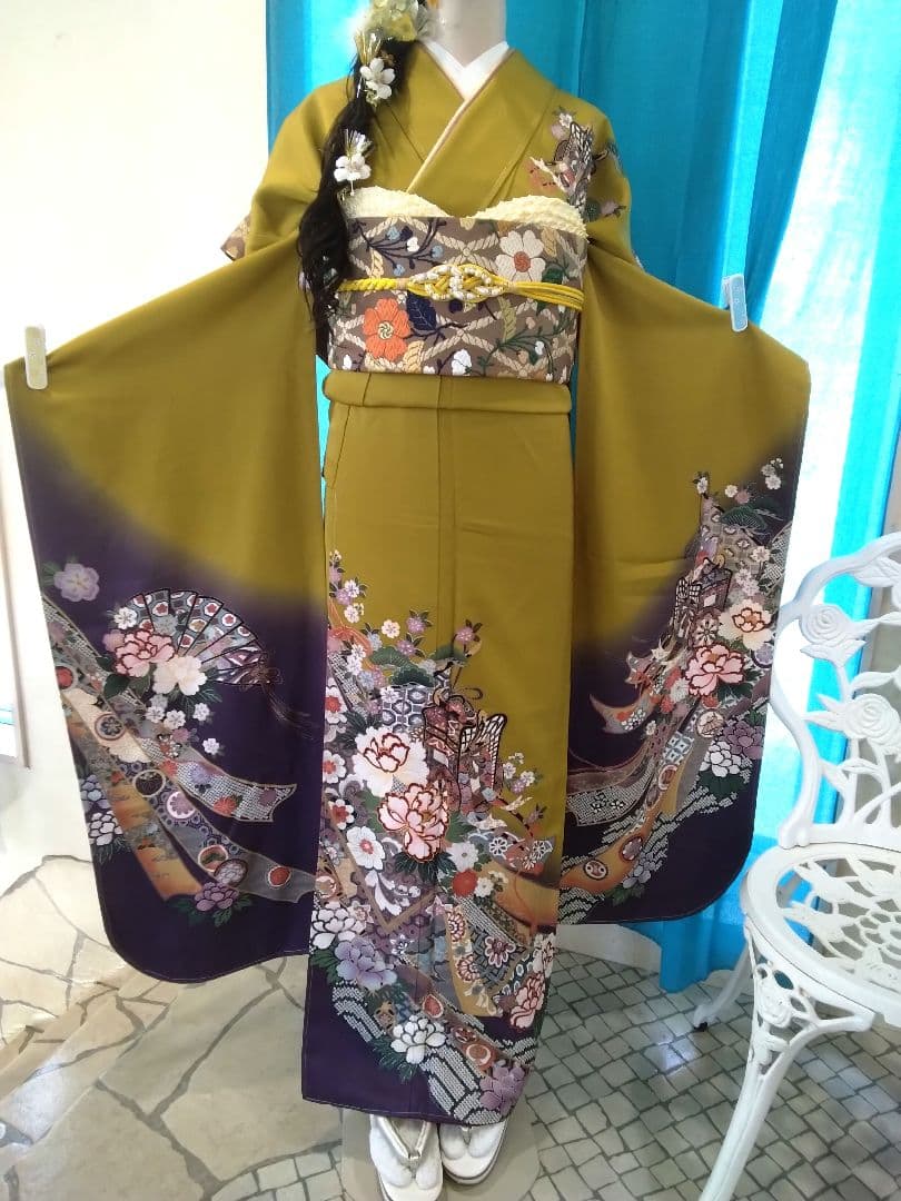 振袖フルセット、正絹成人式、新品未使用、重ね衿帯揚げ帯締め、帯、襦袢、ガード加工