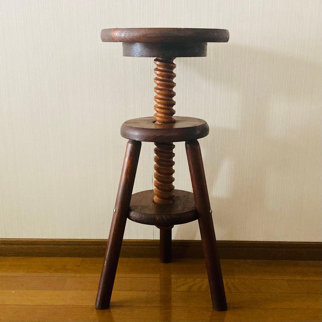 レア！一点物！アンティーク調 木製回転式スツール ウッドスツール 無垢材 三本脚