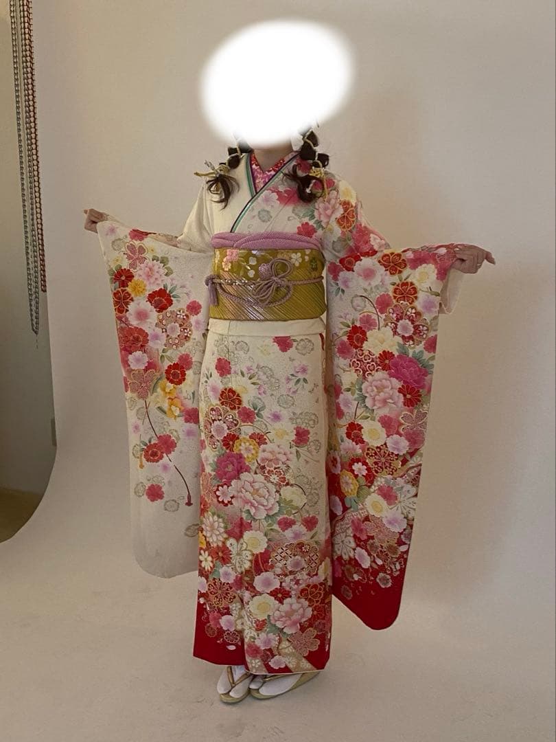 振袖セット 古典柄 花尽くし 赤ぼかし 成人式 前撮り　正絹