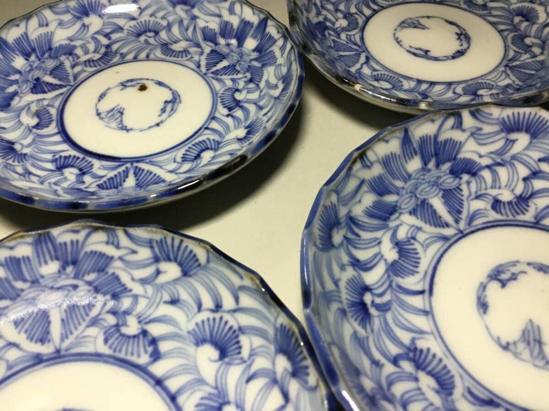 古伊万里◆染付 線描 小皿5枚◆江戸後期 幕末 手塩皿 小皿 豆皿 有田 花唐草