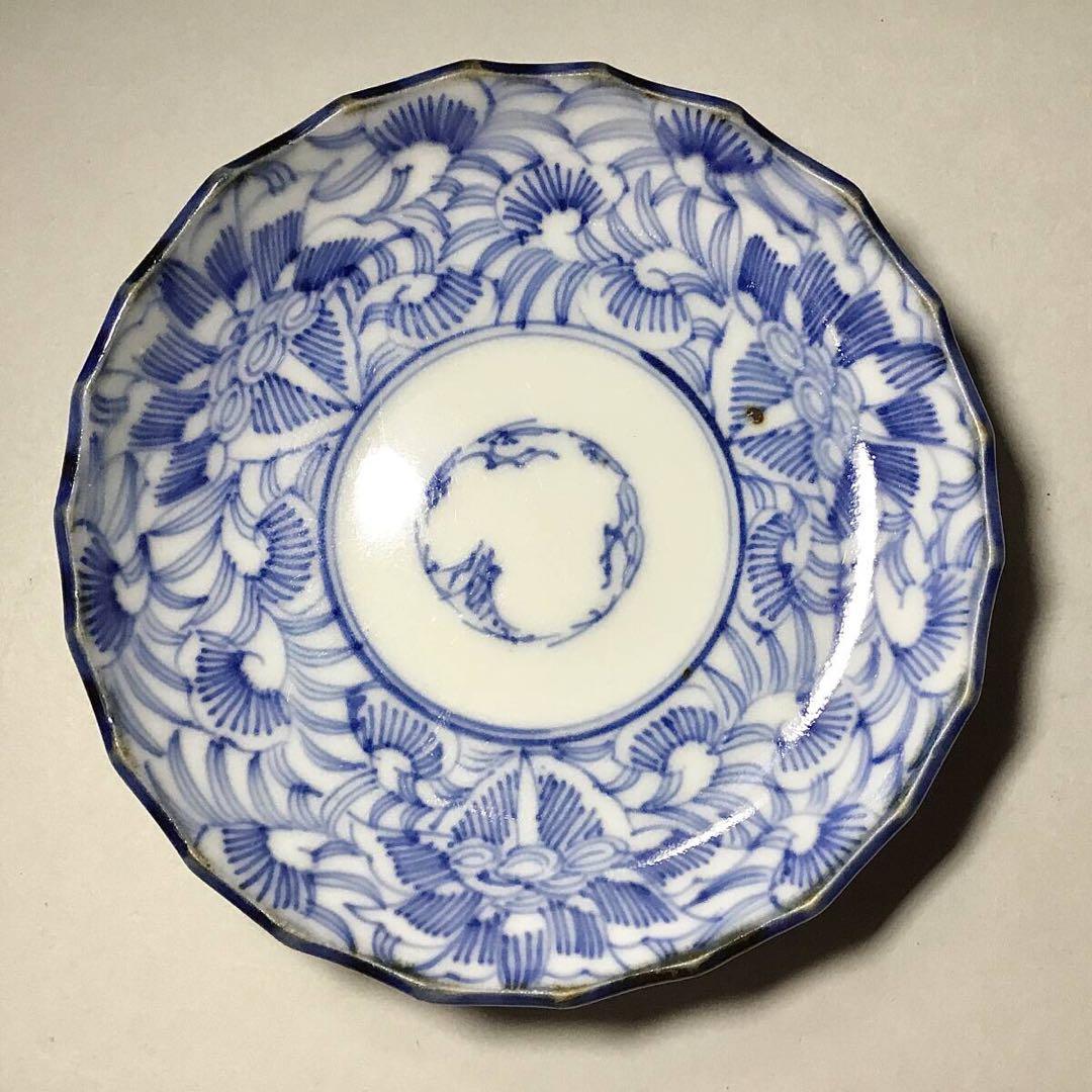 古伊万里◆染付 線描 小皿5枚◆江戸後期 幕末 手塩皿 小皿 豆皿 有田 花唐草