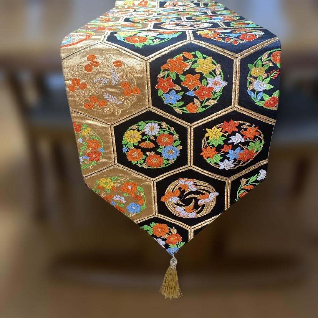 table runner 亀甲取り花丸　帯リメイク　長尺250㎝