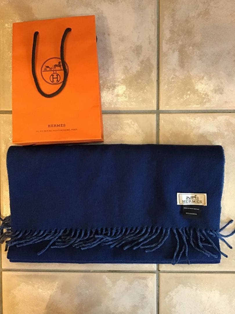【新品】HERMESカシミヤマフラー ブラックｘブルー エルメス