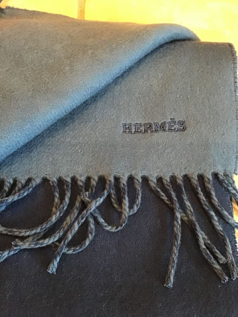 【新品】HERMESカシミヤマフラー ブラックｘブルー エルメス