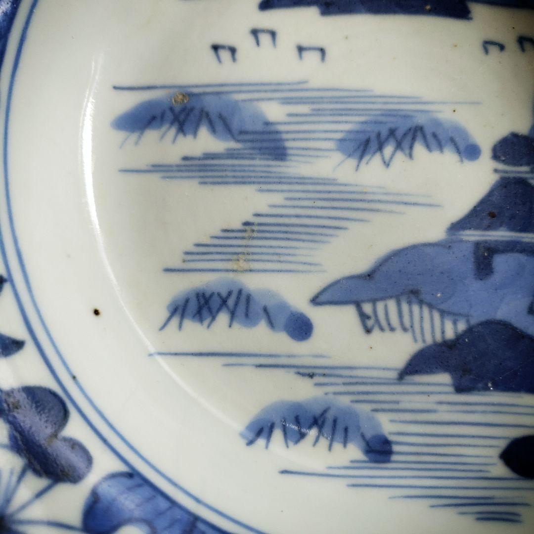 古伊万里　鉢　染付　山水図　草花蝶　唐草　花蝶模様　輪花　江戸　明治