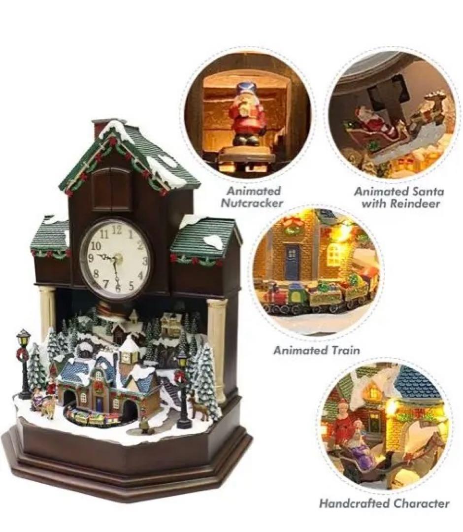クリスマス装飾カッコウ時計、クリスマスビレッジシーン、LEDライト、音楽、