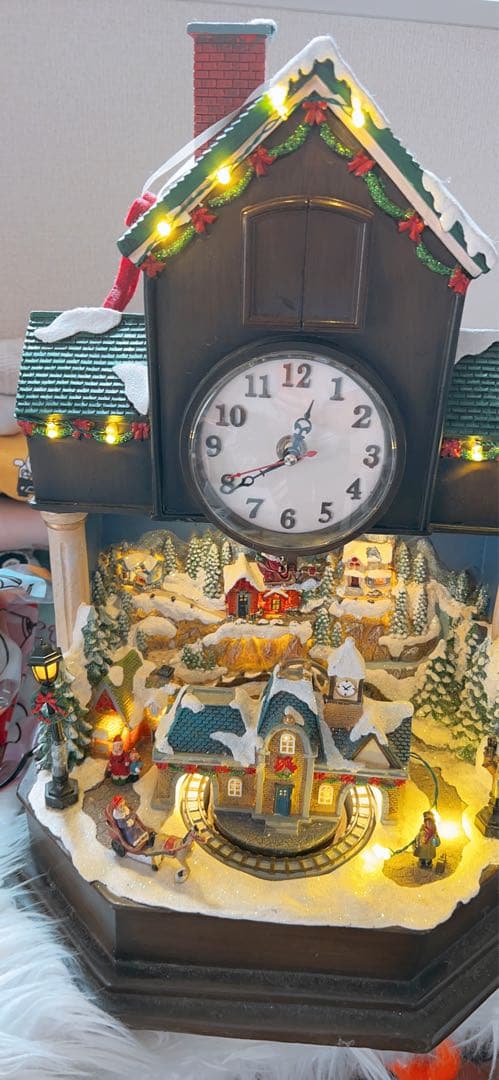 クリスマス装飾カッコウ時計、クリスマスビレッジシーン、LEDライト、音楽、