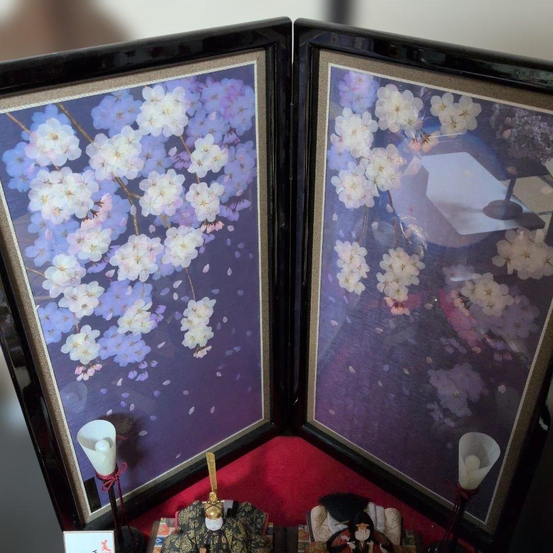 桜の花の押し花屏風　二曲
