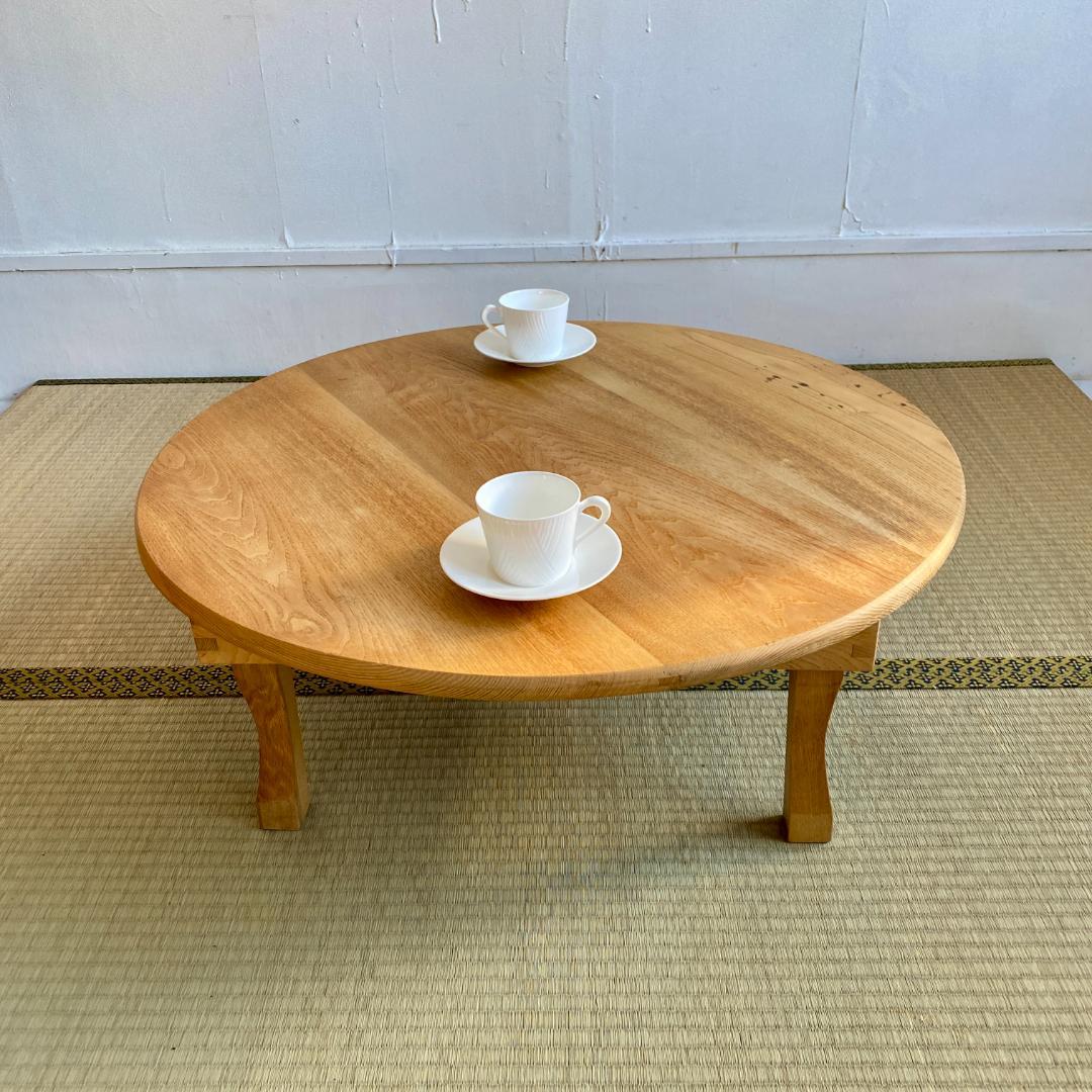 昭和レトロ ちゃぶ台 無塗装 無垢材 建具屋製 刻印あり 折りたたみ 丸テーブル