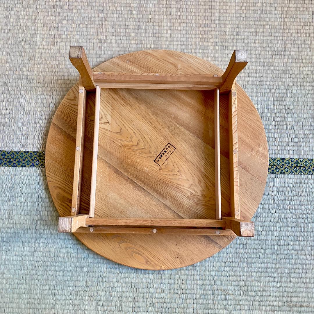 昭和レトロ ちゃぶ台 無塗装 無垢材 建具屋製 刻印あり 折りたたみ 丸テーブル