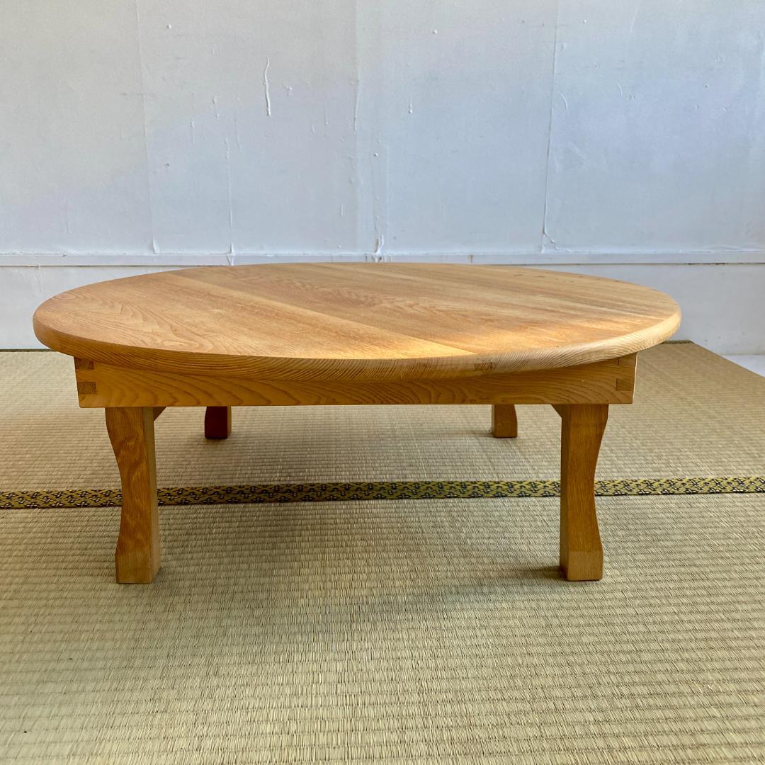 昭和レトロ ちゃぶ台 無塗装 無垢材 建具屋製 刻印あり 折りたたみ 丸テーブル