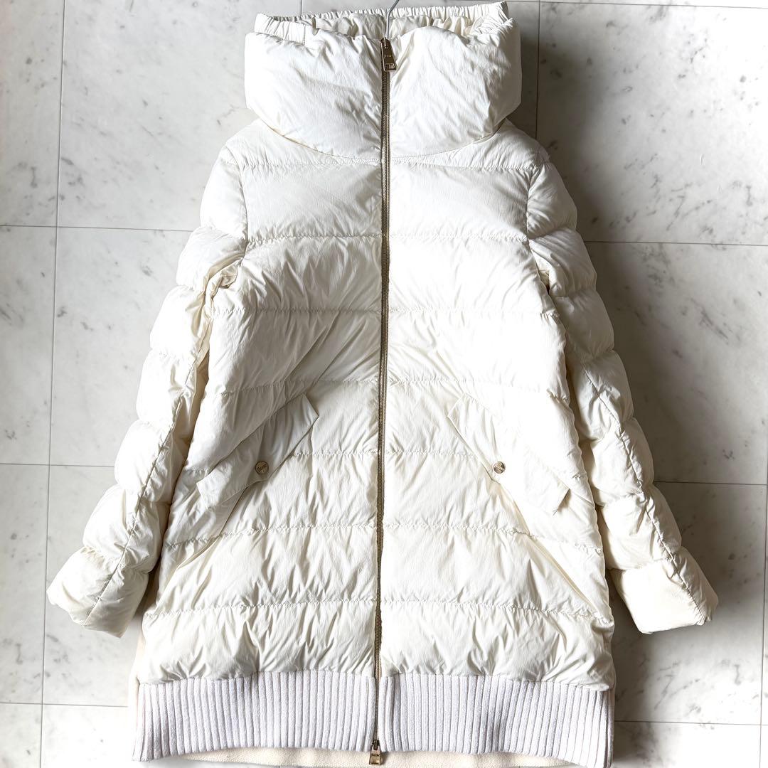 美品 ヘルノ HERNO 背中ウール切替 ダウンコート 44 オフホワイト