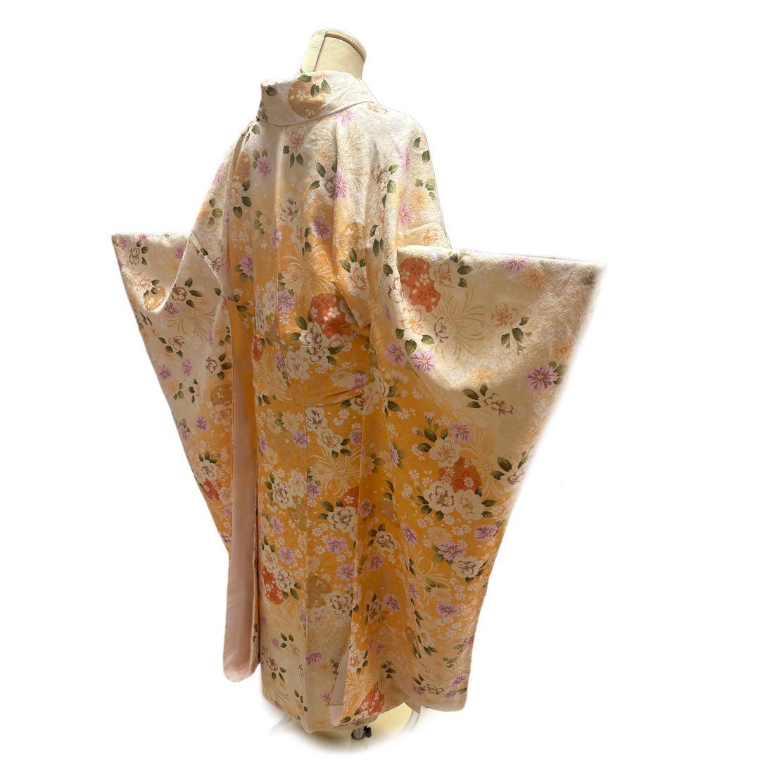 振袖 正絹 オレンジ 総柄 桜 金刺繍 オーロラ刺繍
