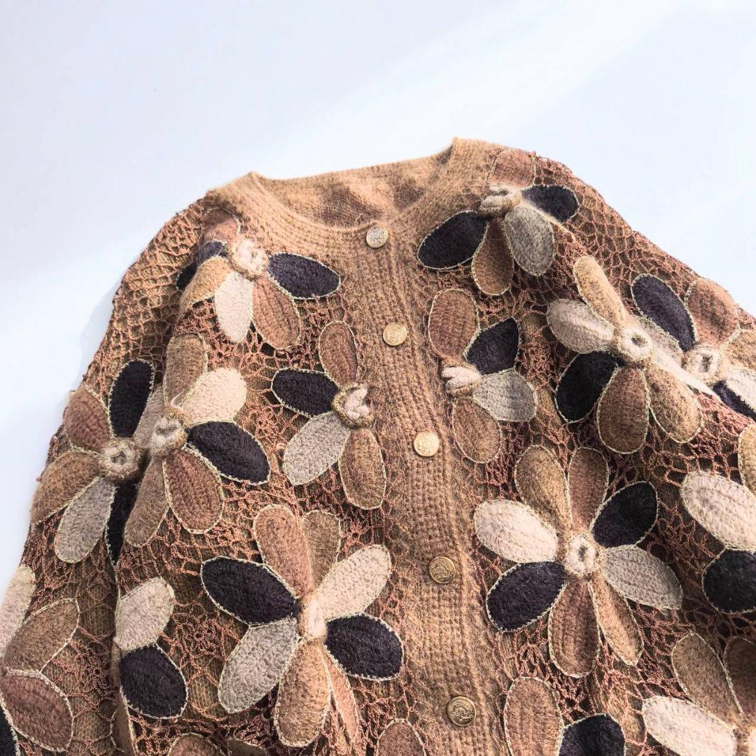 ヴィンテージ　大輪の花　花柄　モヘア混　ニット　カーディガン　ブラウン　P