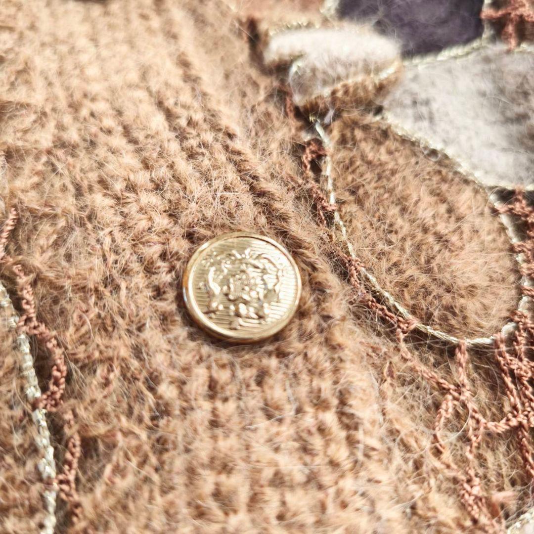 ヴィンテージ　大輪の花　花柄　モヘア混　ニット　カーディガン　ブラウン　P