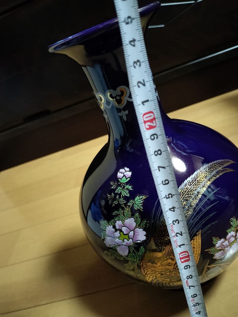 濃紺の金箔装飾陶器花瓶 キジの雄雌と花柄 花瓶 九谷焼