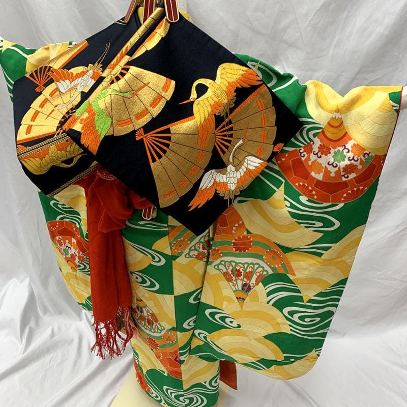 511ag42□七五三 七歳 女児 着物&袋帯&半襦袢 金彩 青海波□状態良好