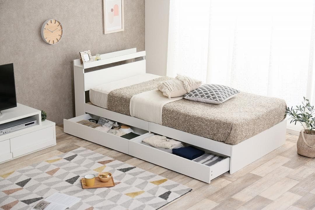 【新品・送料無料】【シングル】Pluto 収納付きベッド（マットレス付き）