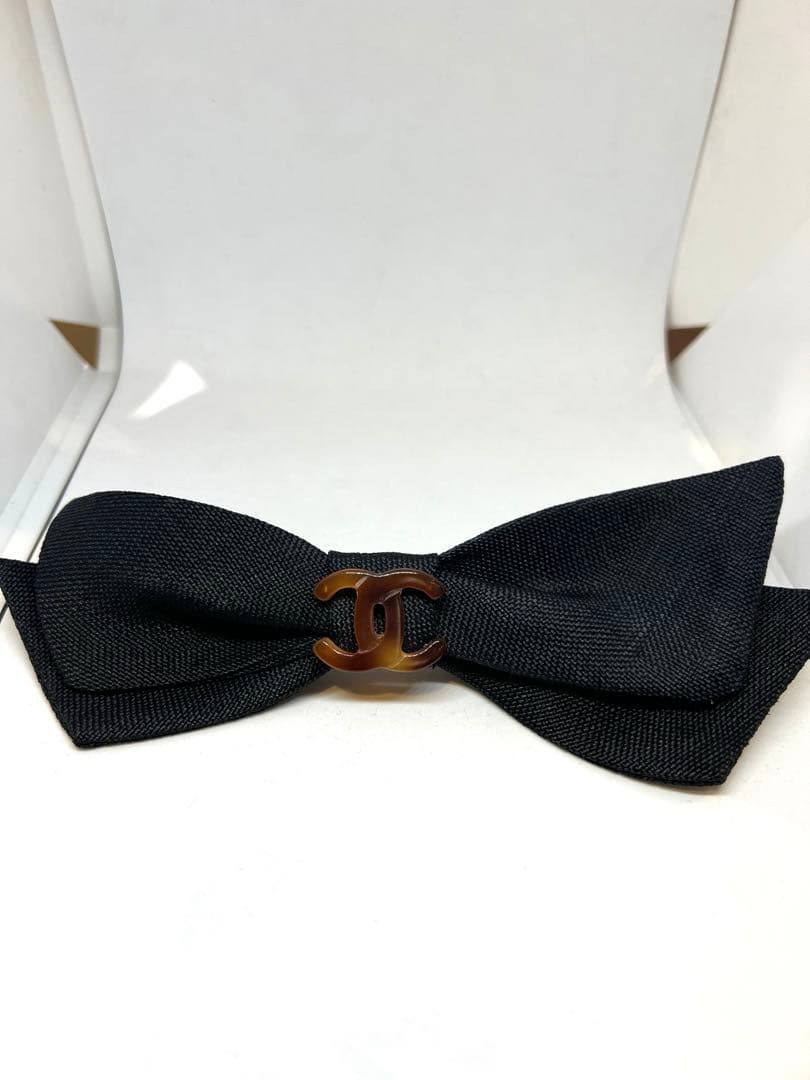 【美品】CHANELリボンバレッタ✴︎鼈甲風ロゴ 麻リボン ブラック