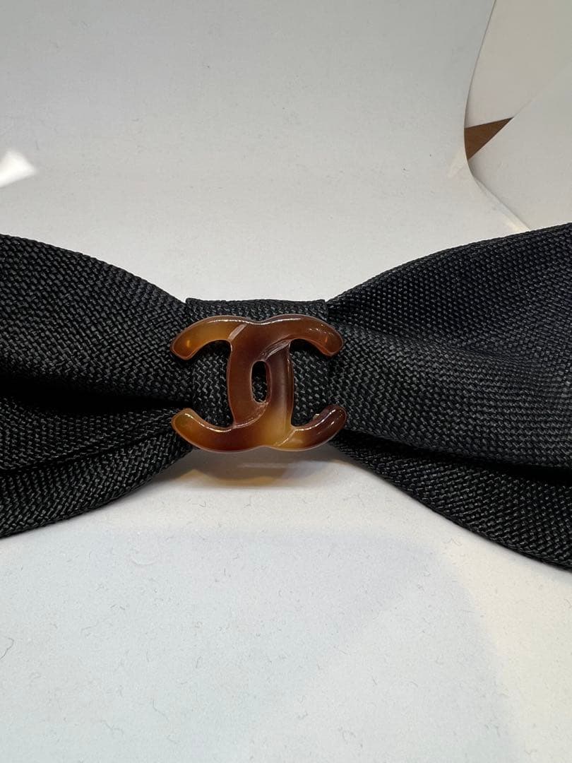【美品】CHANELリボンバレッタ✴︎鼈甲風ロゴ 麻リボン ブラック