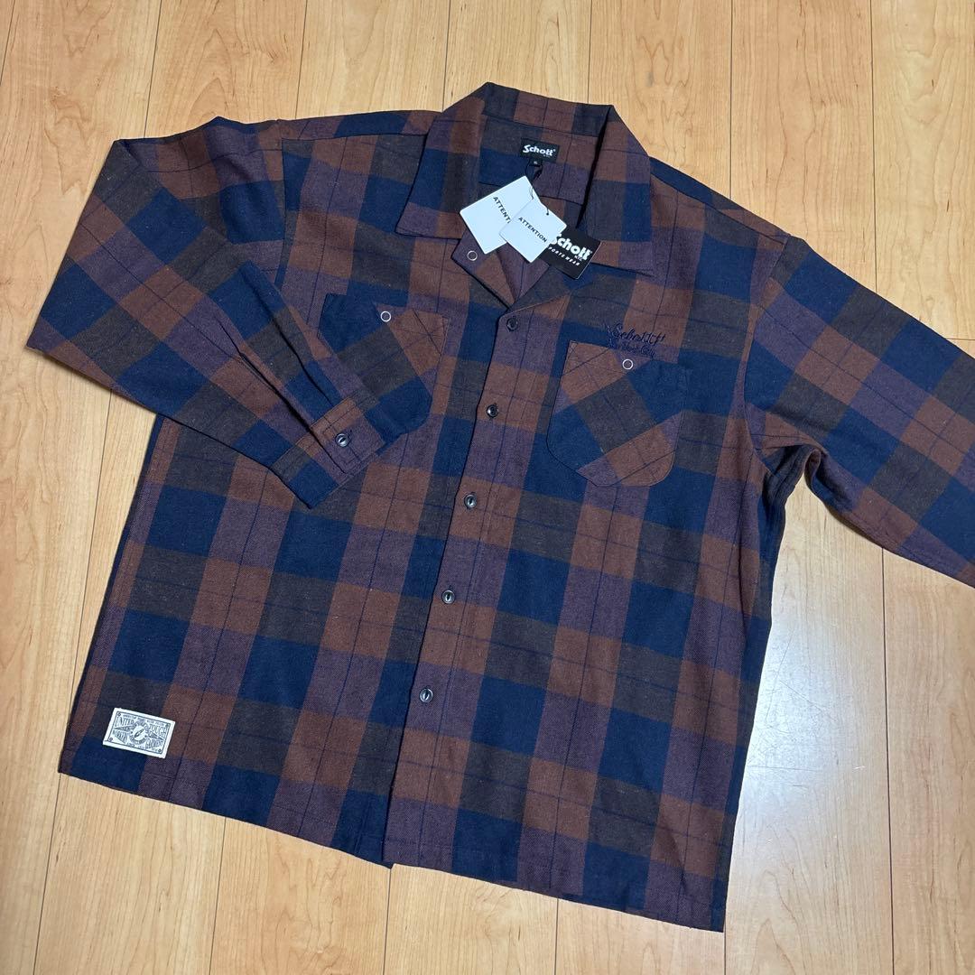 Schott XL 長袖シャツ ブラウン・ネイビーチェック