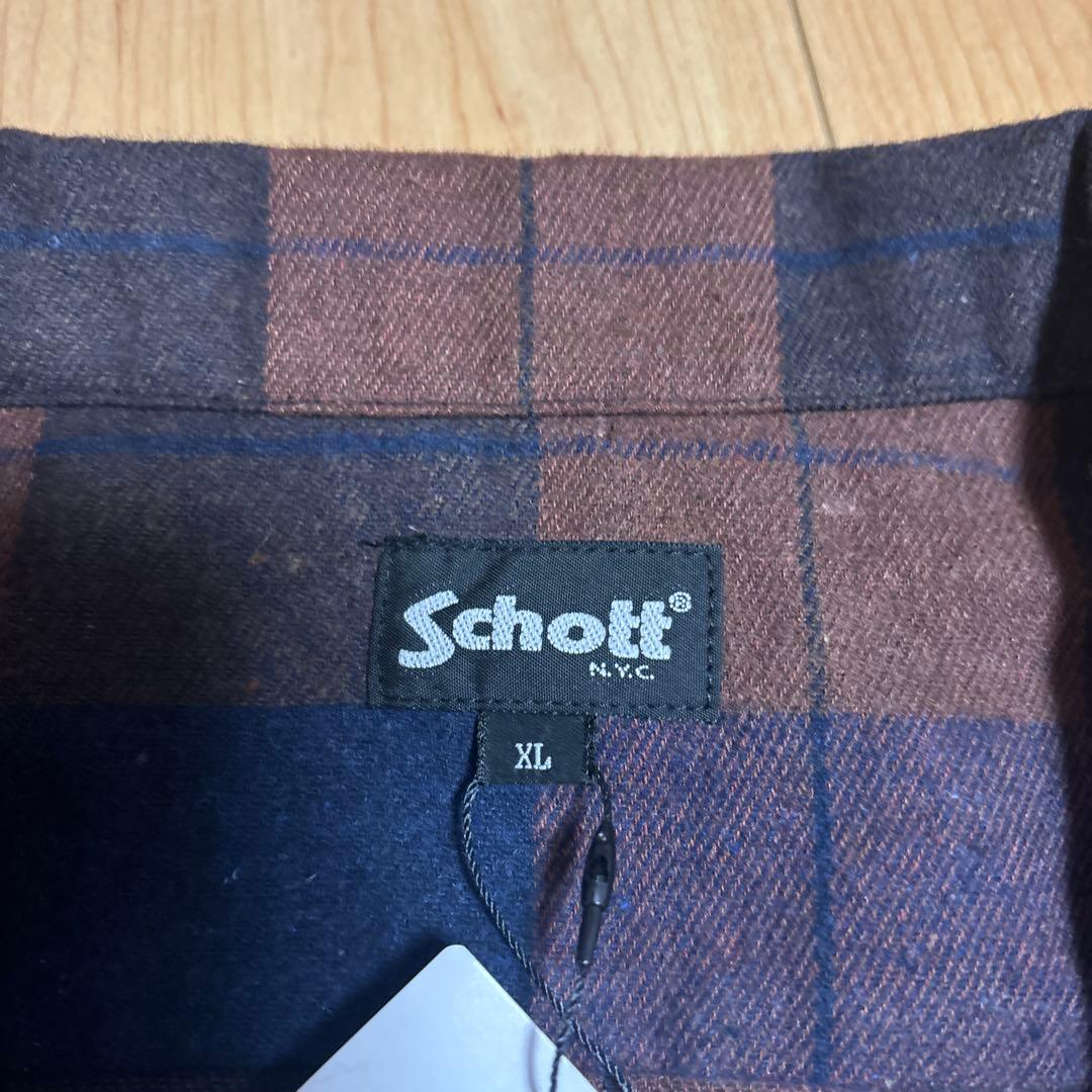 Schott XL 長袖シャツ ブラウン・ネイビーチェック