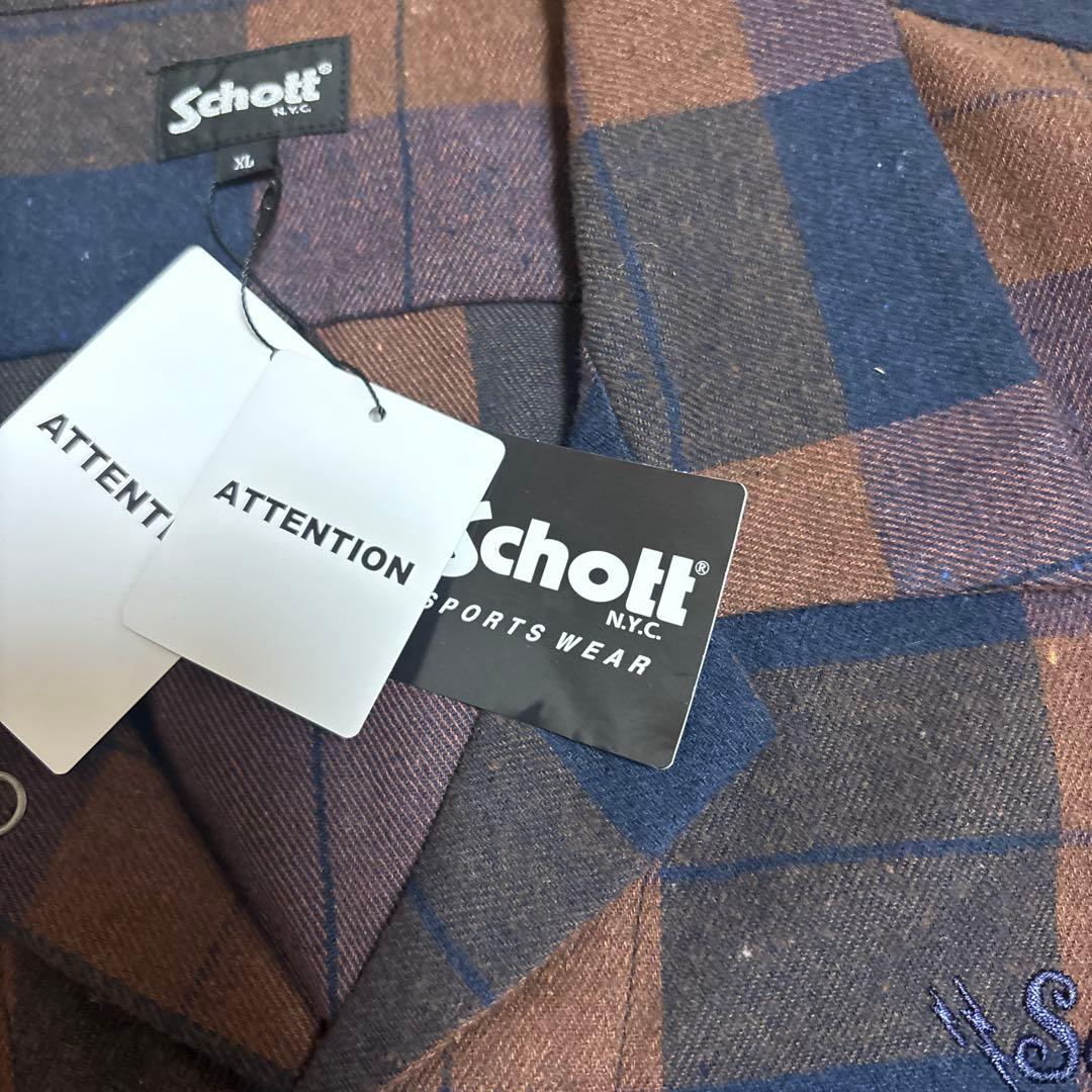 Schott XL 長袖シャツ ブラウン・ネイビーチェック