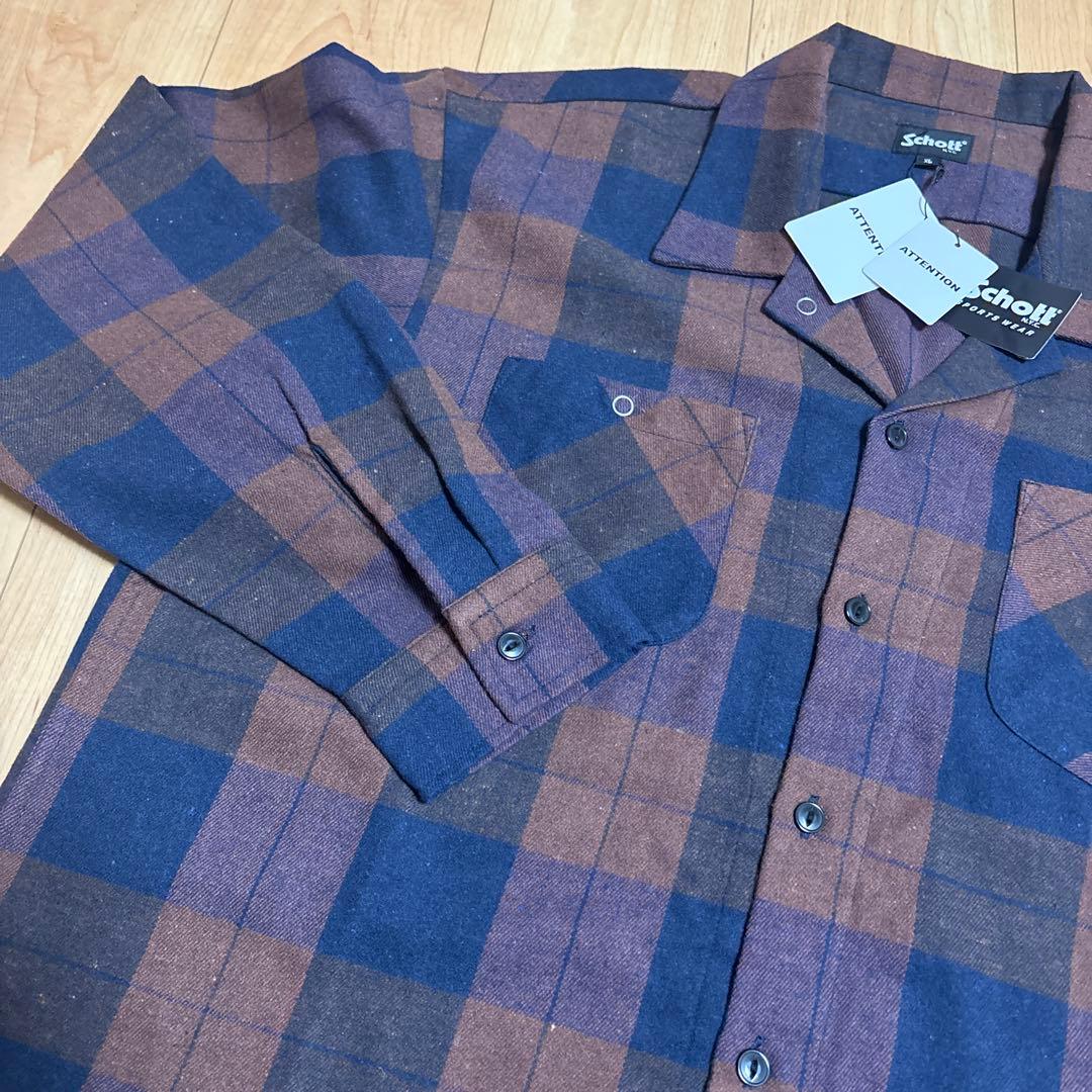 Schott XL 長袖シャツ ブラウン・ネイビーチェック