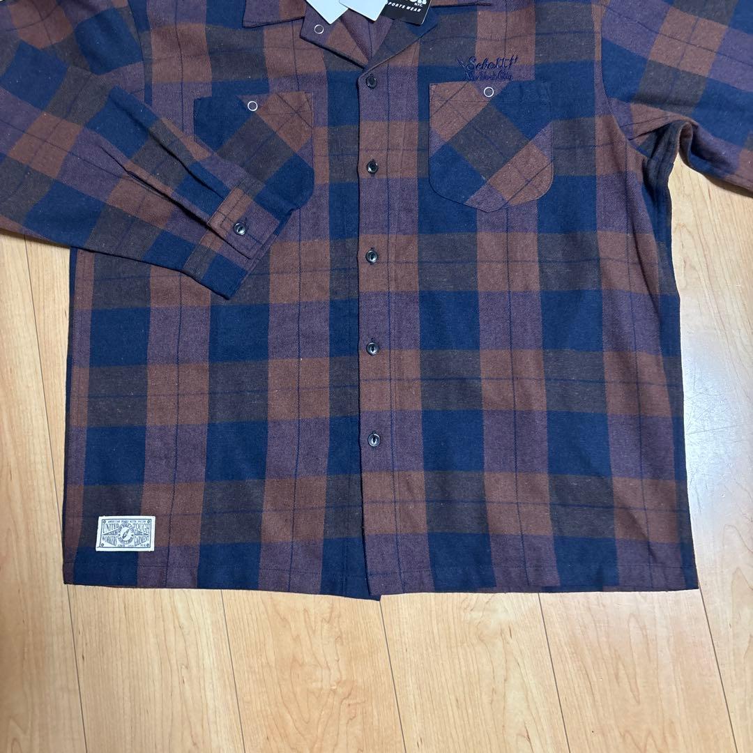 Schott XL 長袖シャツ ブラウン・ネイビーチェック